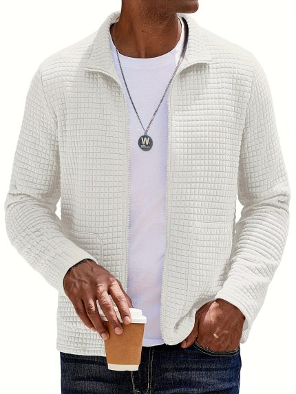 Men'S Casual Long-Sleeve Waffle Zip-Up Jacket, Lightweight Solid Color Coat with Pockets.