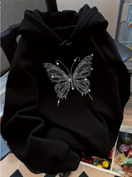 Non-Sequin 2D Print Loose European and American Women's Casual Print -Lined Hooded Sweatshirt, Long Sleeve Pullover with Drawstring Design, Autumn and Winter Style