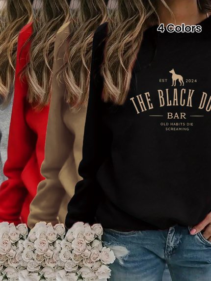 Women's Casual Long Sleeve Crew Neck Sweatshirt - The Black Dog Bar Vintage 1923 Graphic Print, 100% Polyester Machine Washable, 250gsm Fabric, Relaxed Fit Fall Winter Casual Attire
