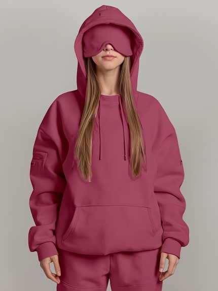 Windproof Winter Travel Hoodie with Eye Mask - Airplane Mode Sleep Cover, Pullover Sweatshirt with Pockets & Adjustable Hood, Machine Washable for flights, trains, buses, trains - Solid Color Casual Winter Wear