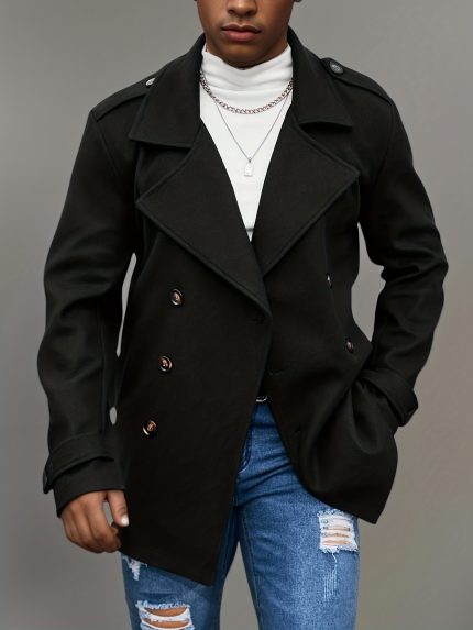 Villa Le Shui OBM - Classic Solid Color Double-Breasted Jacket, Slim Fit Warm Trench Coat for Autumn And Winter, Loose-Fitting Black Fleece Thick Coat, Suitable for Autumn And Winter Outfits, Everyday Wear - a Christmas And New Year Gift for Husband