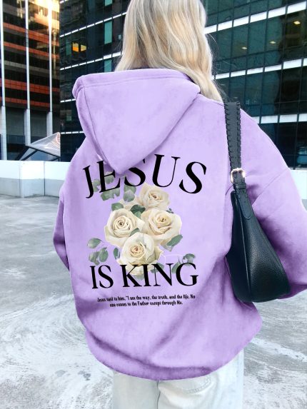 Women'S Inspirational Faith is King Hoodie - Casual Beach Style, White with Black Lettering, Drawstring Hood, Long Sleeve, Polyester, All-Season Wear, Casual Wear Hoodie | Hooded Sweatshirt | Comfortable Fit
