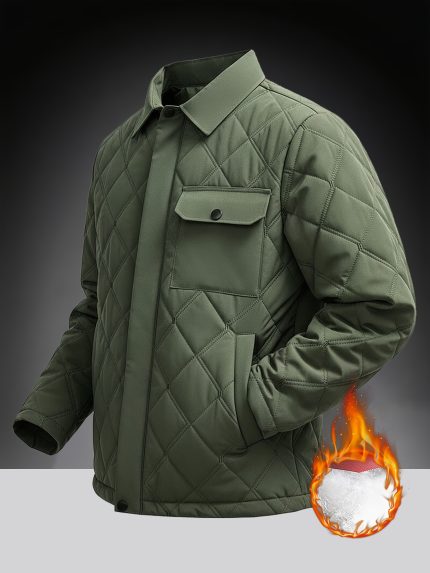 Men'S Outdoor Autumnu002FWinter Thin-Fleece Thickened -Padded Jacket Coat | Diamond-Quilt Design, Turn- Collar, Snap-And-Zip Closure, Solid Color, Casual Style, Ideal Gift For Boyfriend Or Father